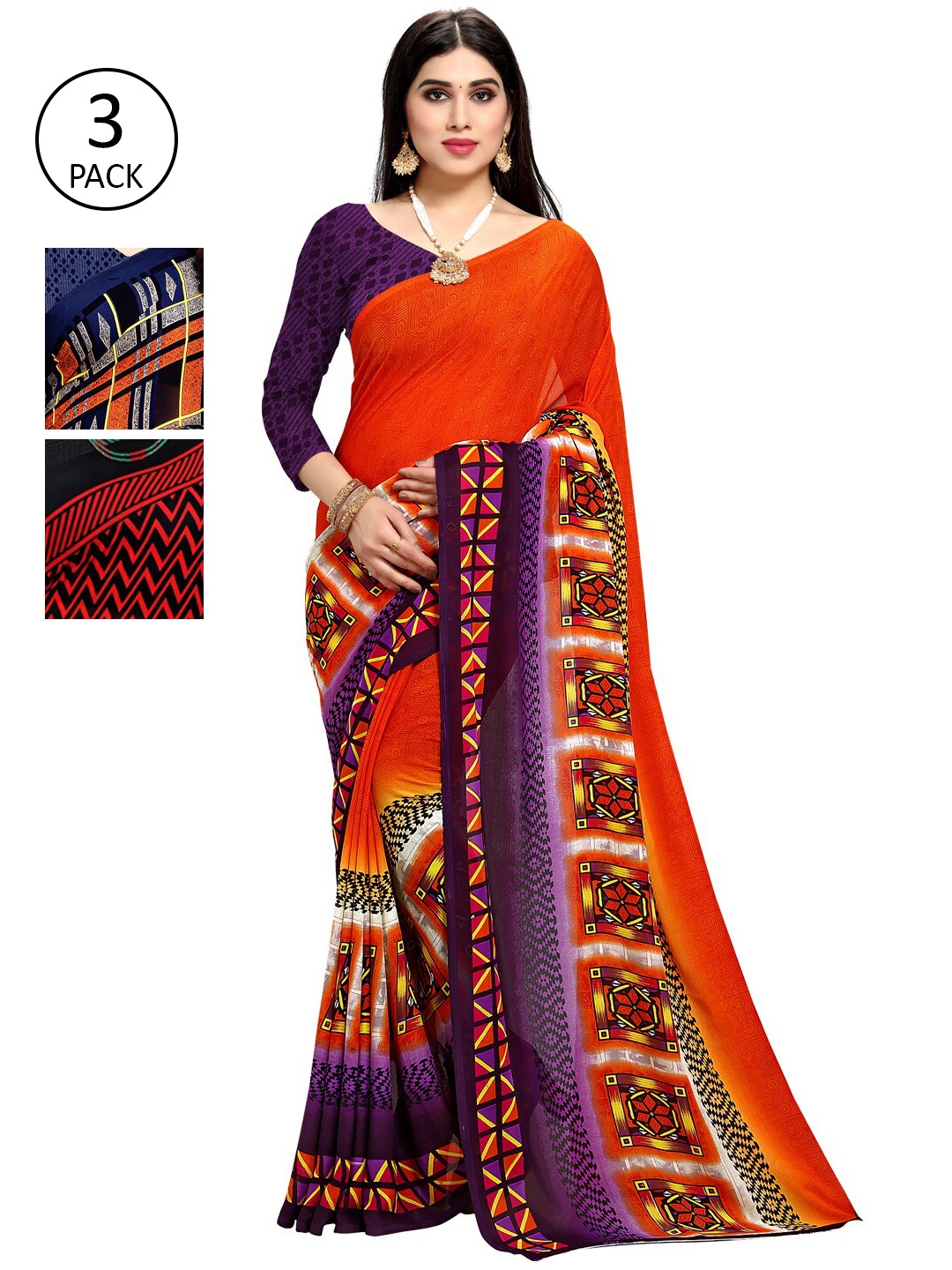 

KALINI Pack Of 3 Multicoloured Printed Sarees, Orange