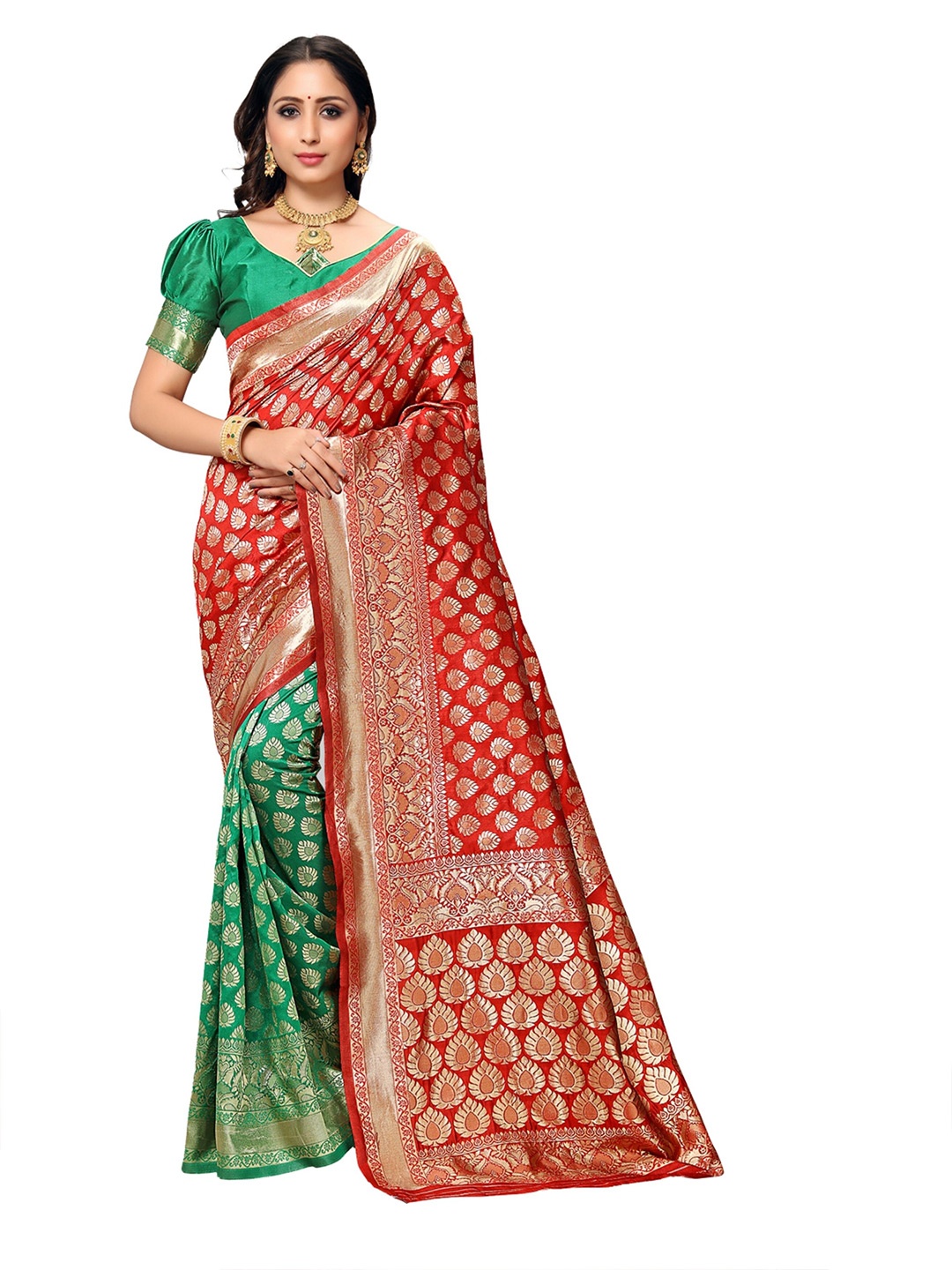 

KALINI Red & Green Woven Design Silk Blend Half and Half Banarasi Saree