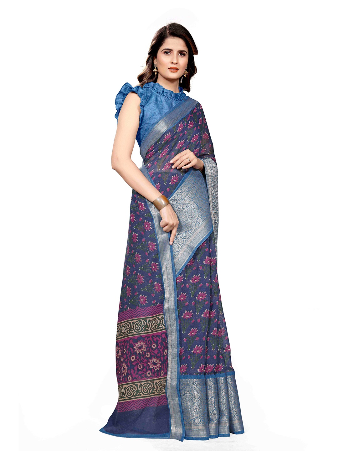 

KALINI Navy Blue & Pink Floral Zari Bagh Saree