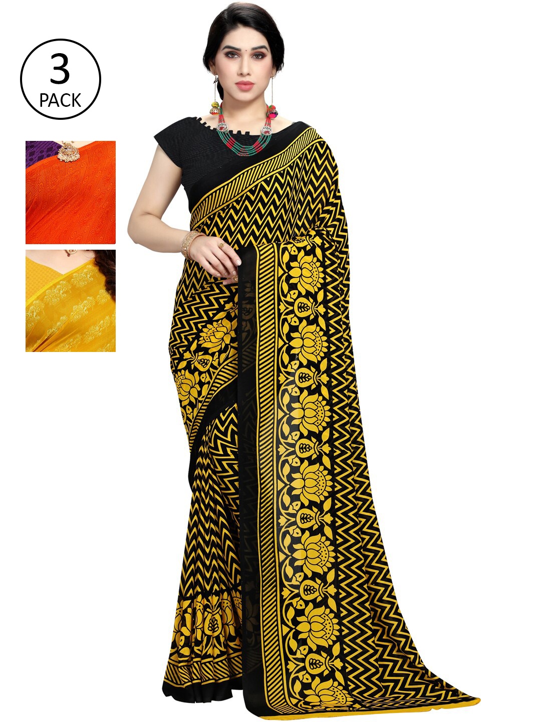 

KALINI Women Pack of 3 Multicolor Poly Georgette Printed Saree, Yellow