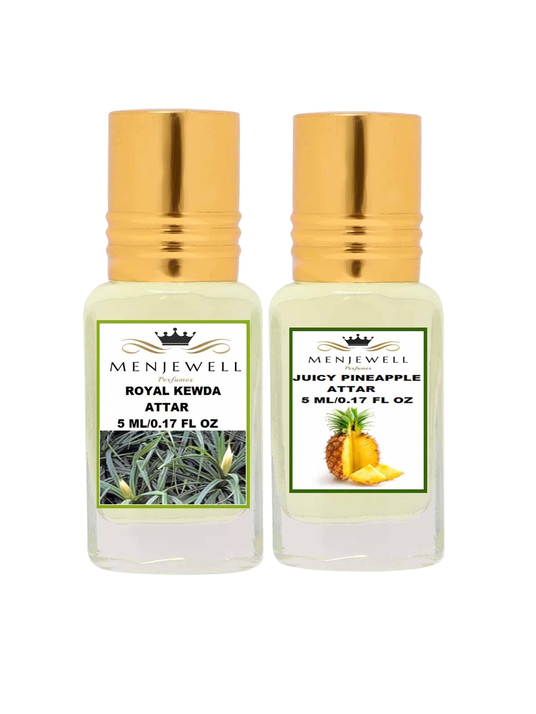 

Menjewell Pack of 2 Attar - Royal Kewda & Juicy Pineapple Attar 5ml Each, Yellow