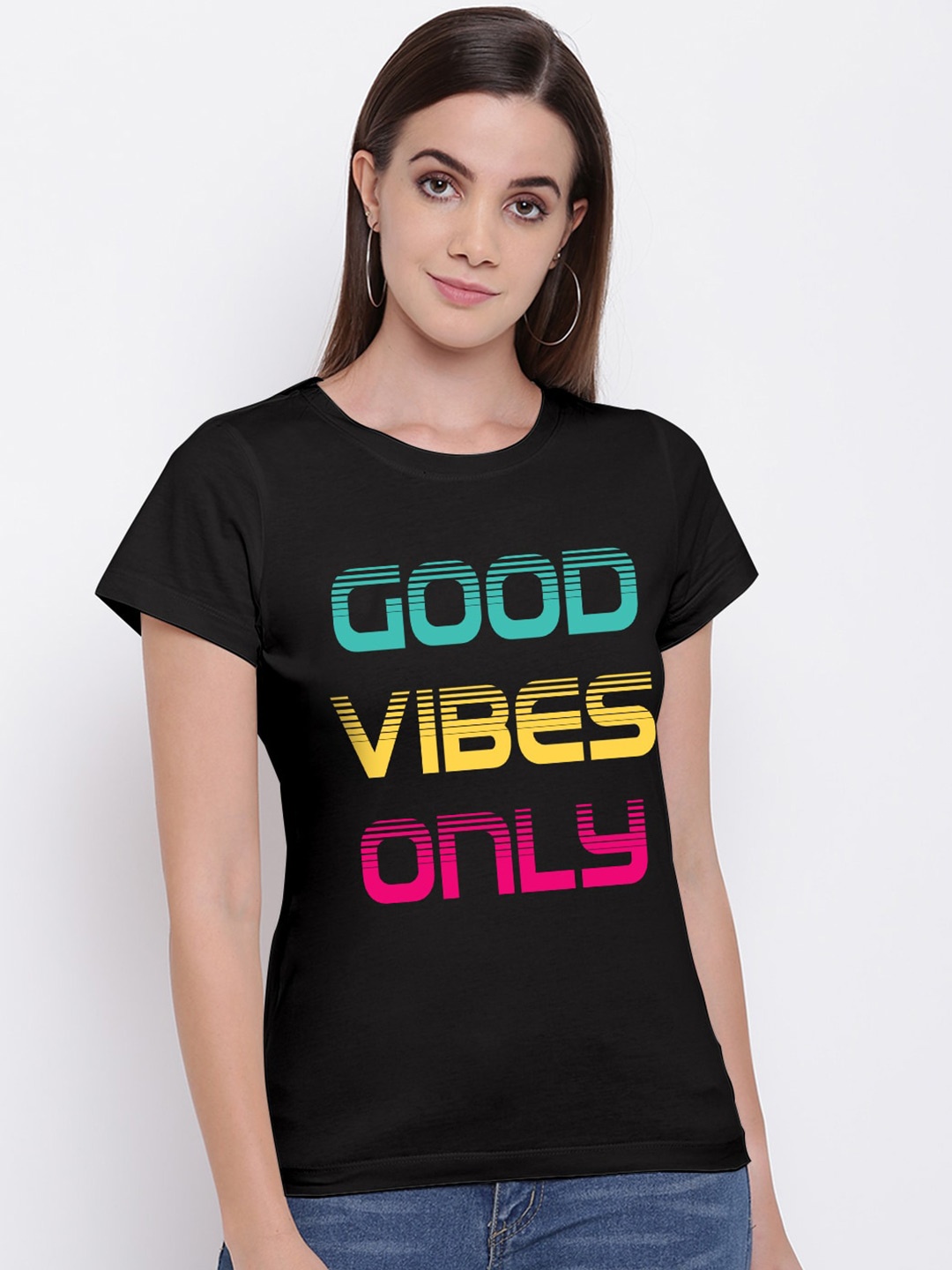 

THREADCURRY Women Black Typography Printed Pure Cotton T-shirt