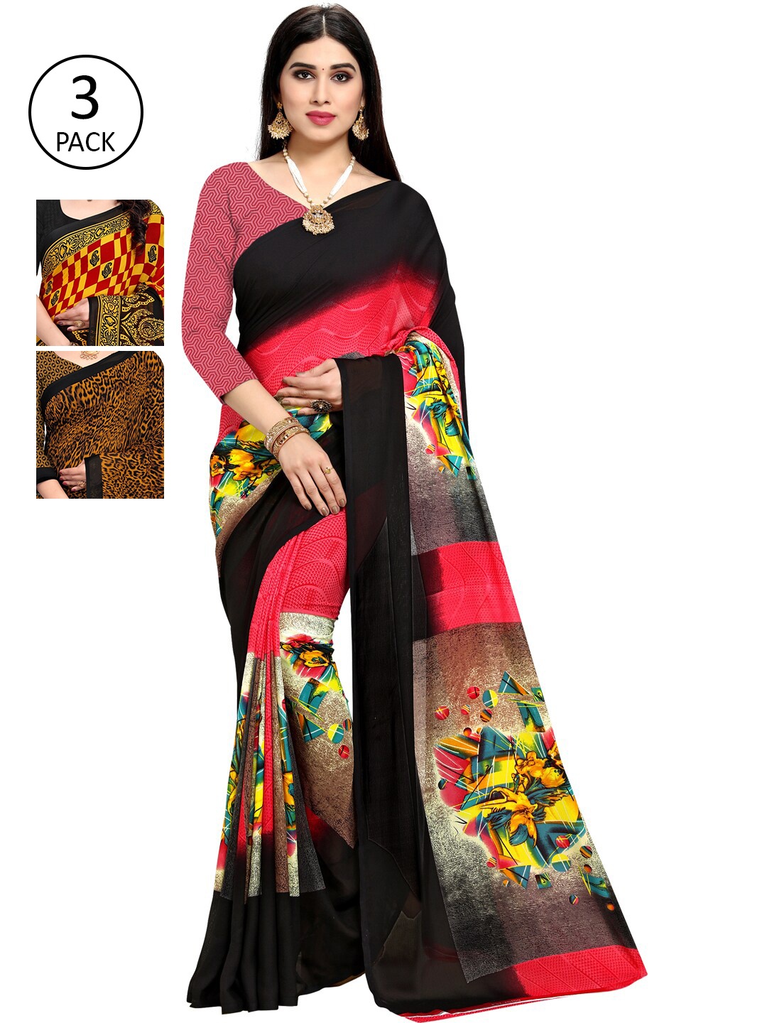 

KALINI Pack of 3 Yellow & Khaki Printed Poly Georgette Sarees
