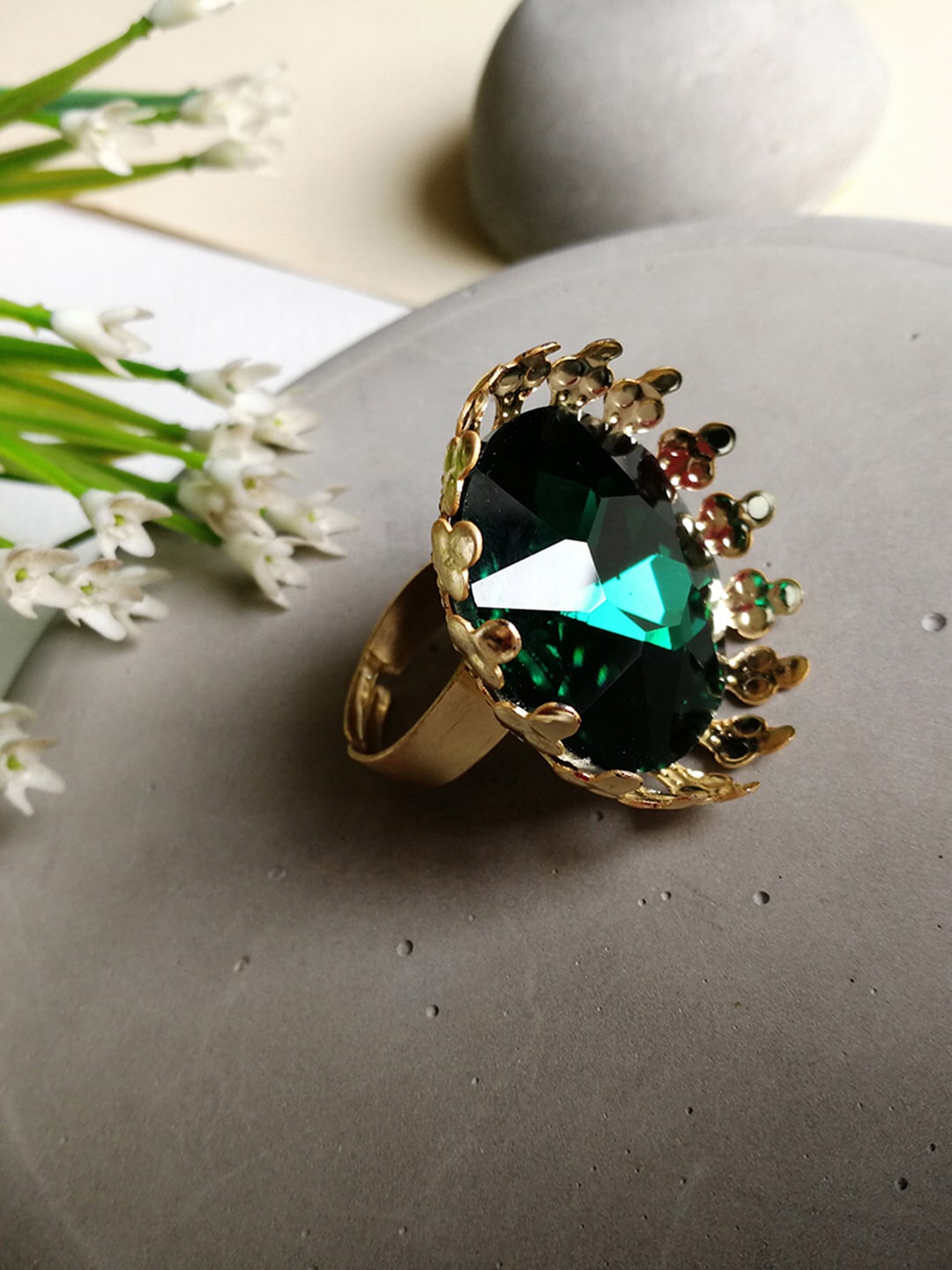 

Priyaasi Gold-Plated Green Stone-Studded Handcrafted Adjustable Finger Ring