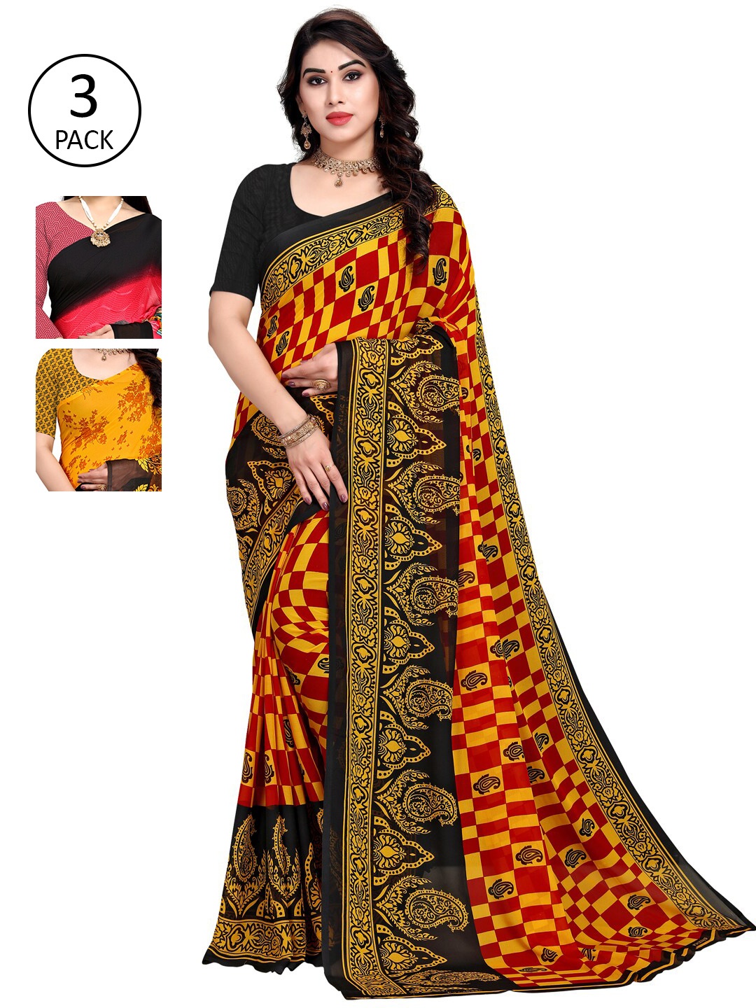 

KALINI Pack Of 3 Printed Sarees, Yellow