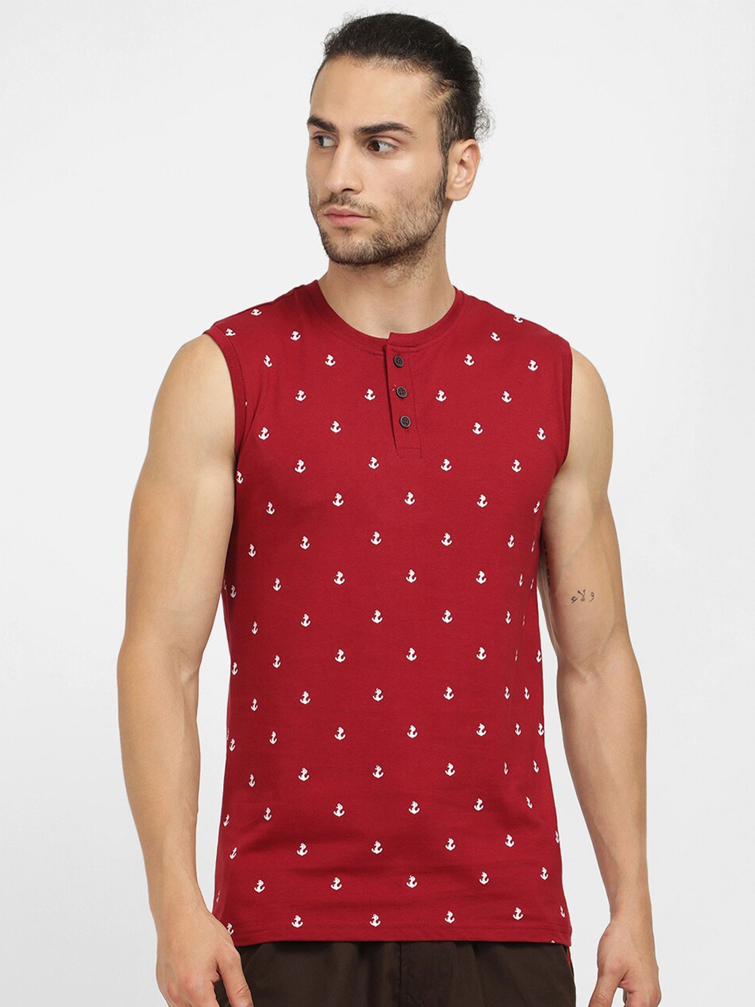 

V2 Value Variety Mens Maroon Nautical Printed Sleeveless Pure Cotton T-shirt