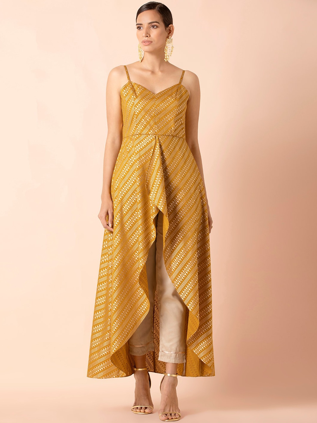 

INDYA Women Yellow Leheriya Foil Print Kurta
