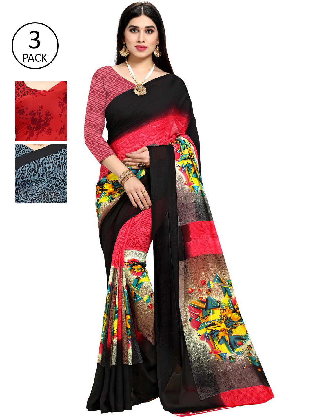 

KALINI Pack Of 3 Printed Sarees, Red