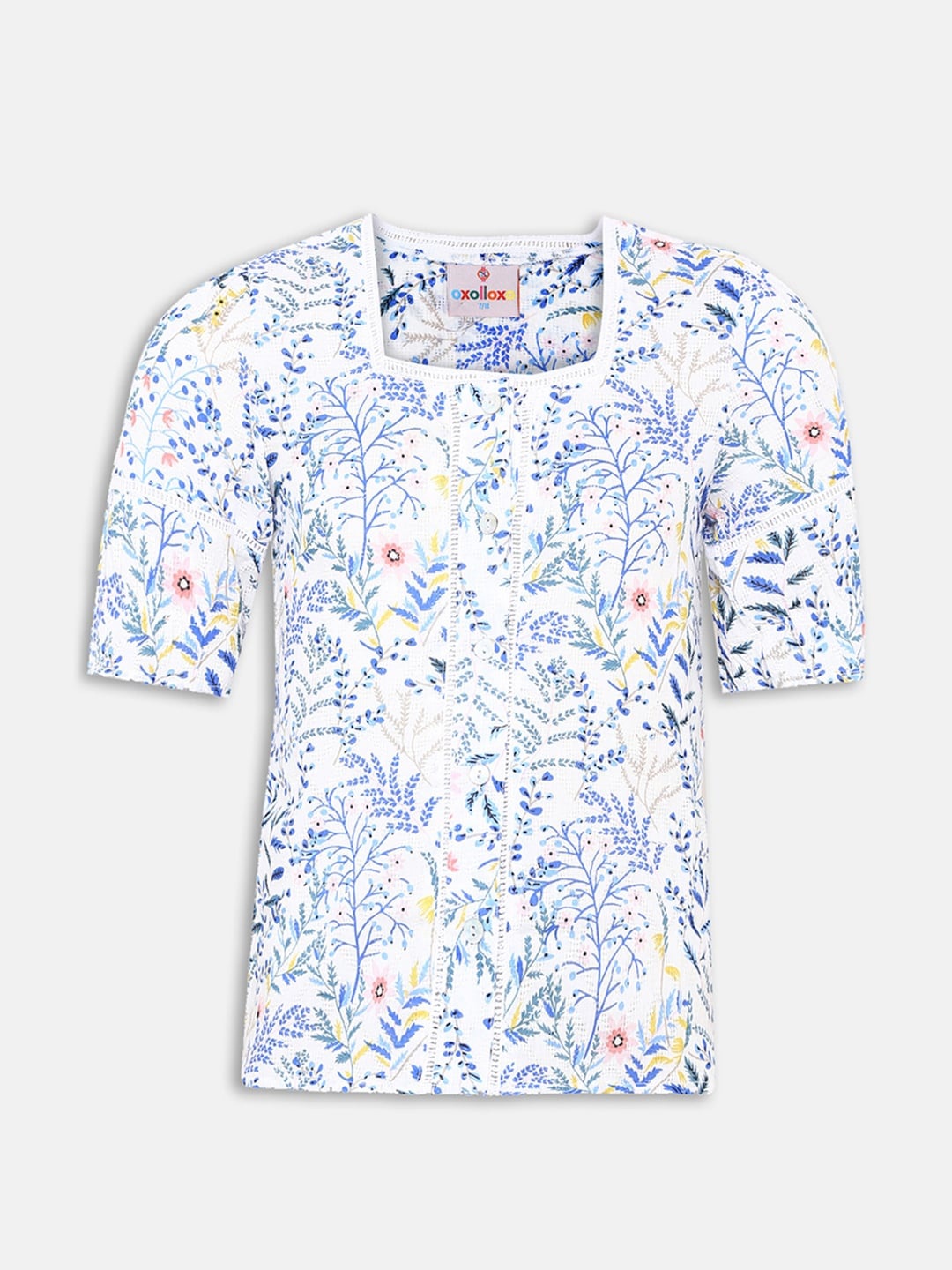

Oxolloxo Girls White & Blue Floral Print Regular Top