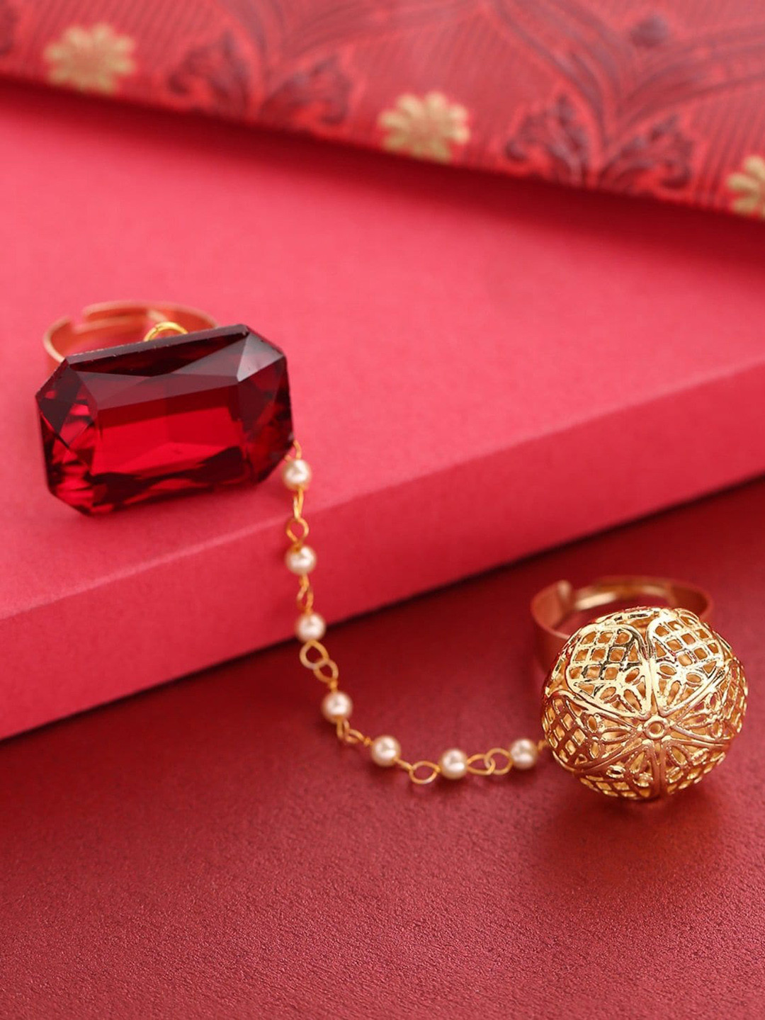

Priyaasi Women Gold-Plated Red Pearls & Stone-Studded Dual Finger Adjustable Finger Ring