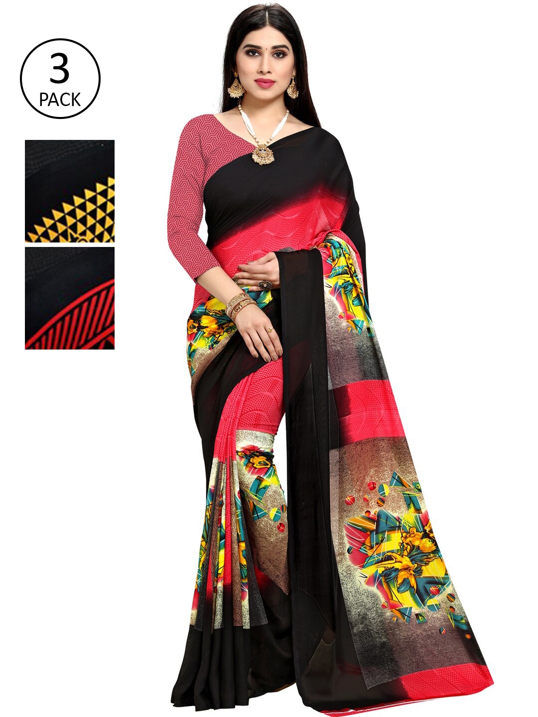 

KALINI Pack of 3 Yellow & Red Printed Poly Georgette Sarees