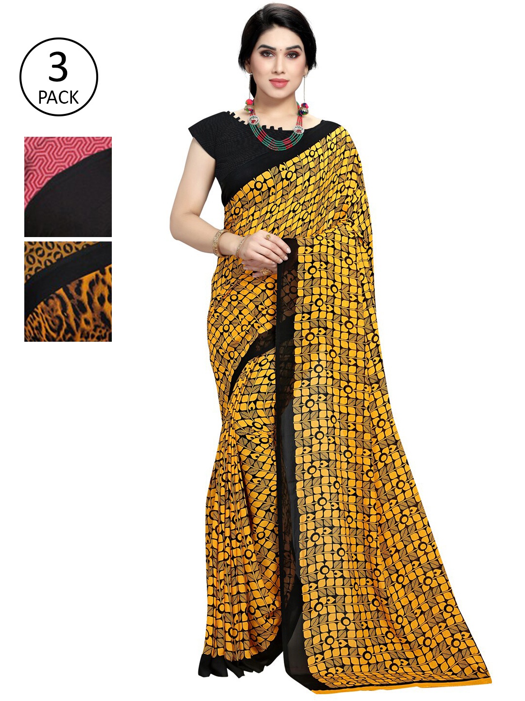 

KALINI Set of 3 Yellow & Pink Floral Printed Sarees