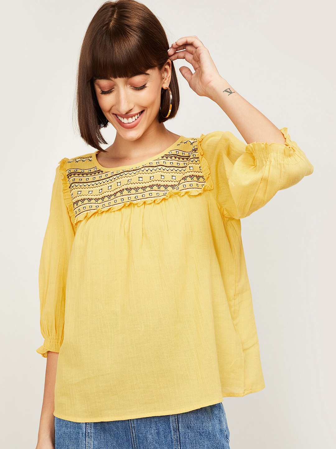 

Fame Forever by Lifestyle Mustard Yellow Embroidered A-Line Top