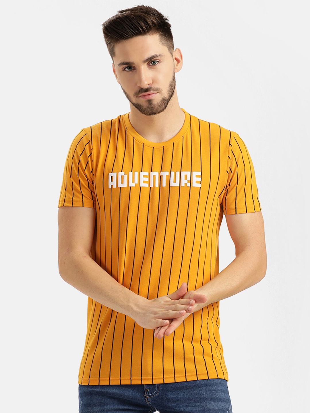 

V2 Value & Variety Men Mustard Yellow Typography Printed T-shirt
