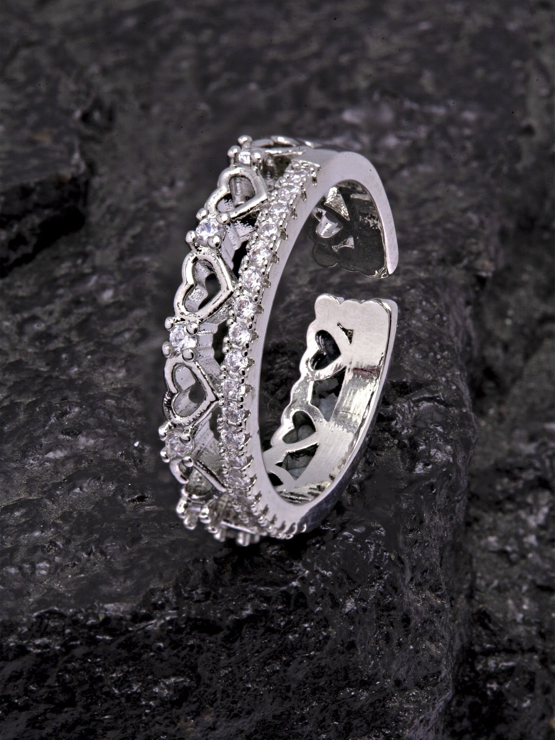 

Ferosh Women Silver-Toned & White Stone-Studded Adjustable Love Finger Ring