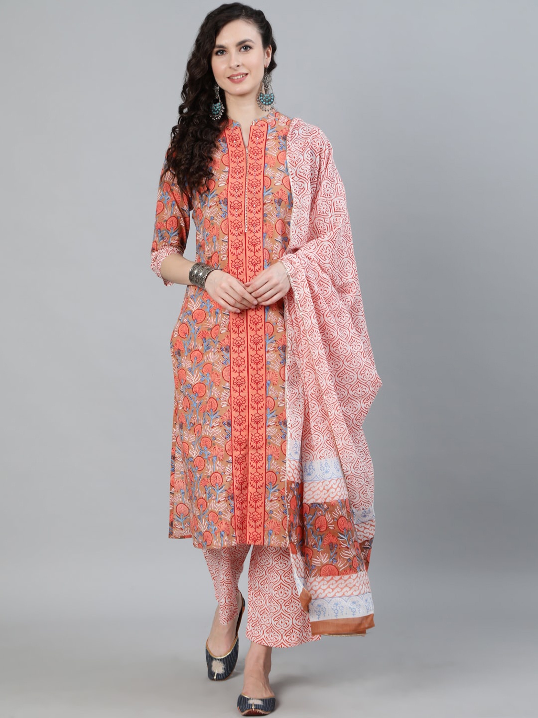 

Jaipur Kurti Women Brown Floral Printed Pure Cotton Kurta with Trousers & With Dupatta