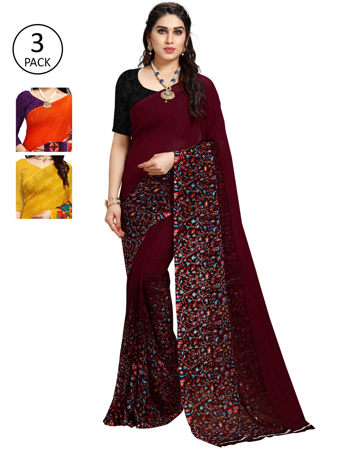 

KALINI Women Pack of 3 Multicolor Poly Georgette Printed Saree, Orange