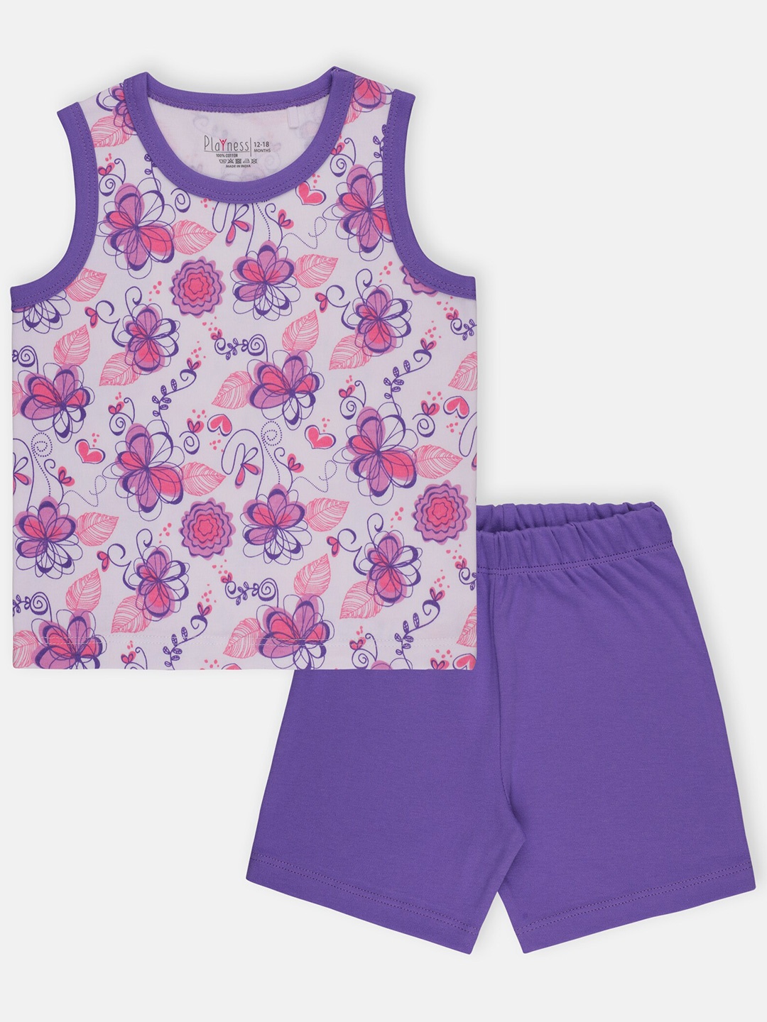 

PLAYNESS Boys Purple & White Printed Pure Cotton Top with Shorts