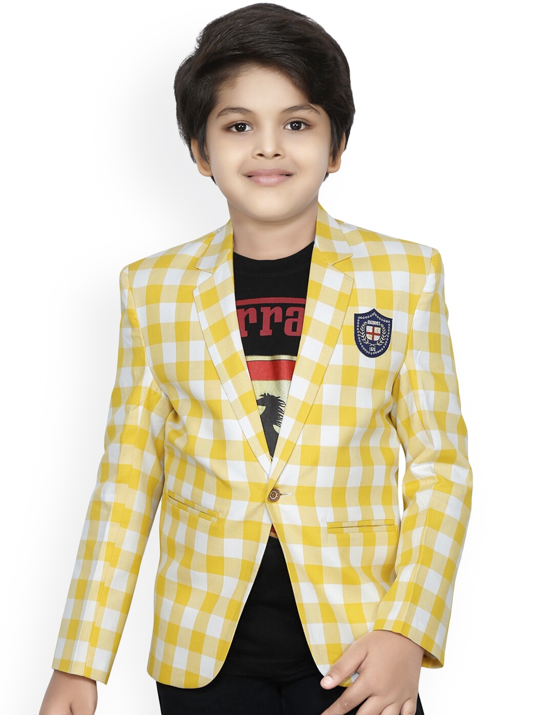 

RIKIDOOS Boys Yellow & White Checked Comfort-Fit Single-Breasted Casual Blazer
