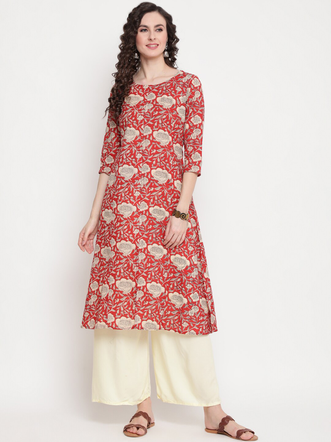 

GULMOHAR JAIPUR Women Maroon & Beige Floral Printed A-Line Kurta