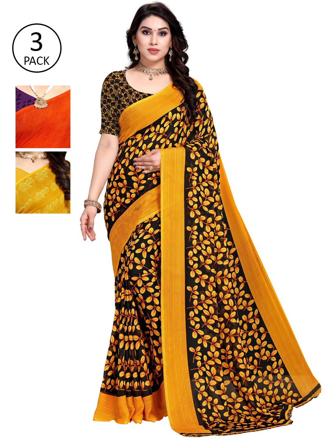 

KALINI Women Pack of 3 Multicolor Poly Georgette Printed Saree, Orange