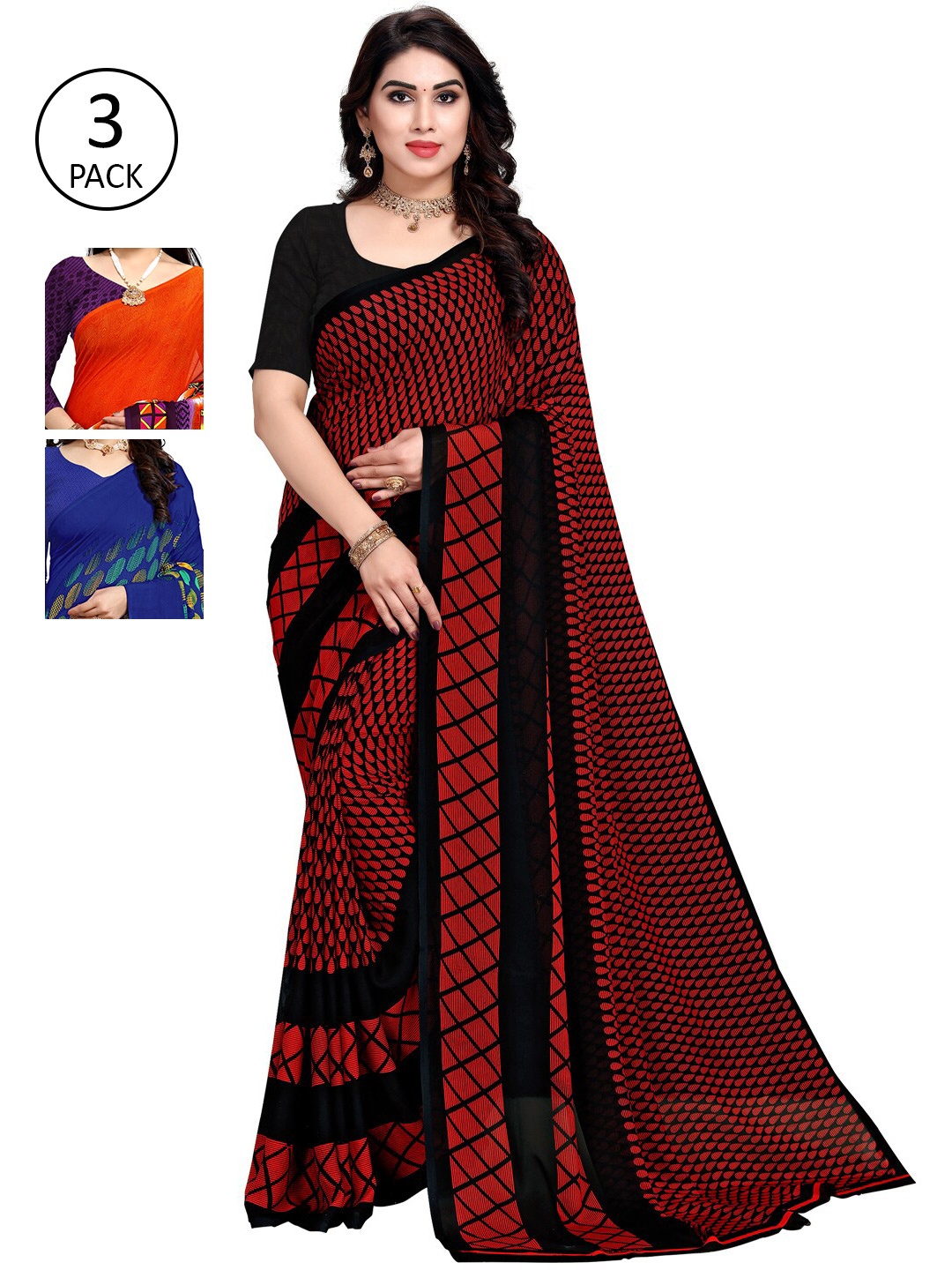 

KALINI Pack Of 3 Multicoloured Printed Sarees, Orange