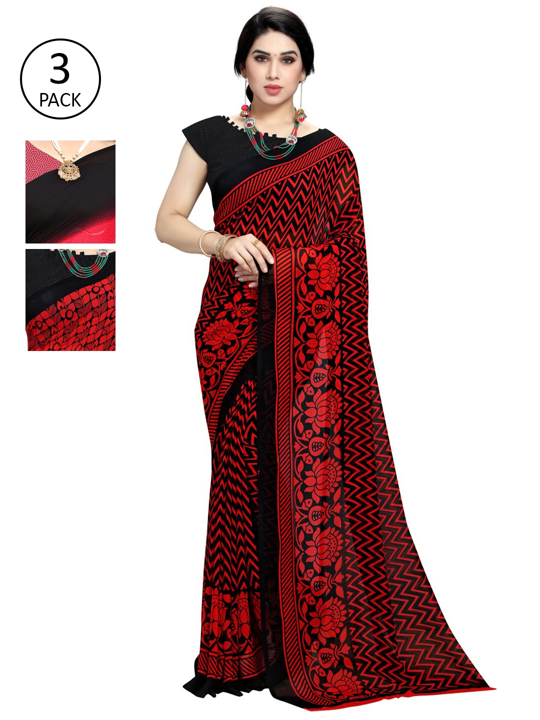 

KALINI Set of 3 Pink & Red Floral Printed Sarees