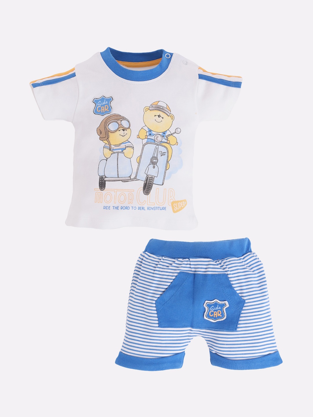 BABY GO Infant Kids White & Blue Ccotton Printed T-shirt with Shorts