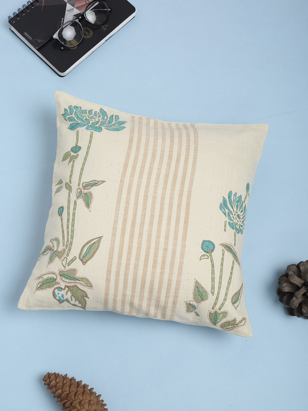 

Fabindia Off White & Turquoise Blue Floral Square Cushion Cover