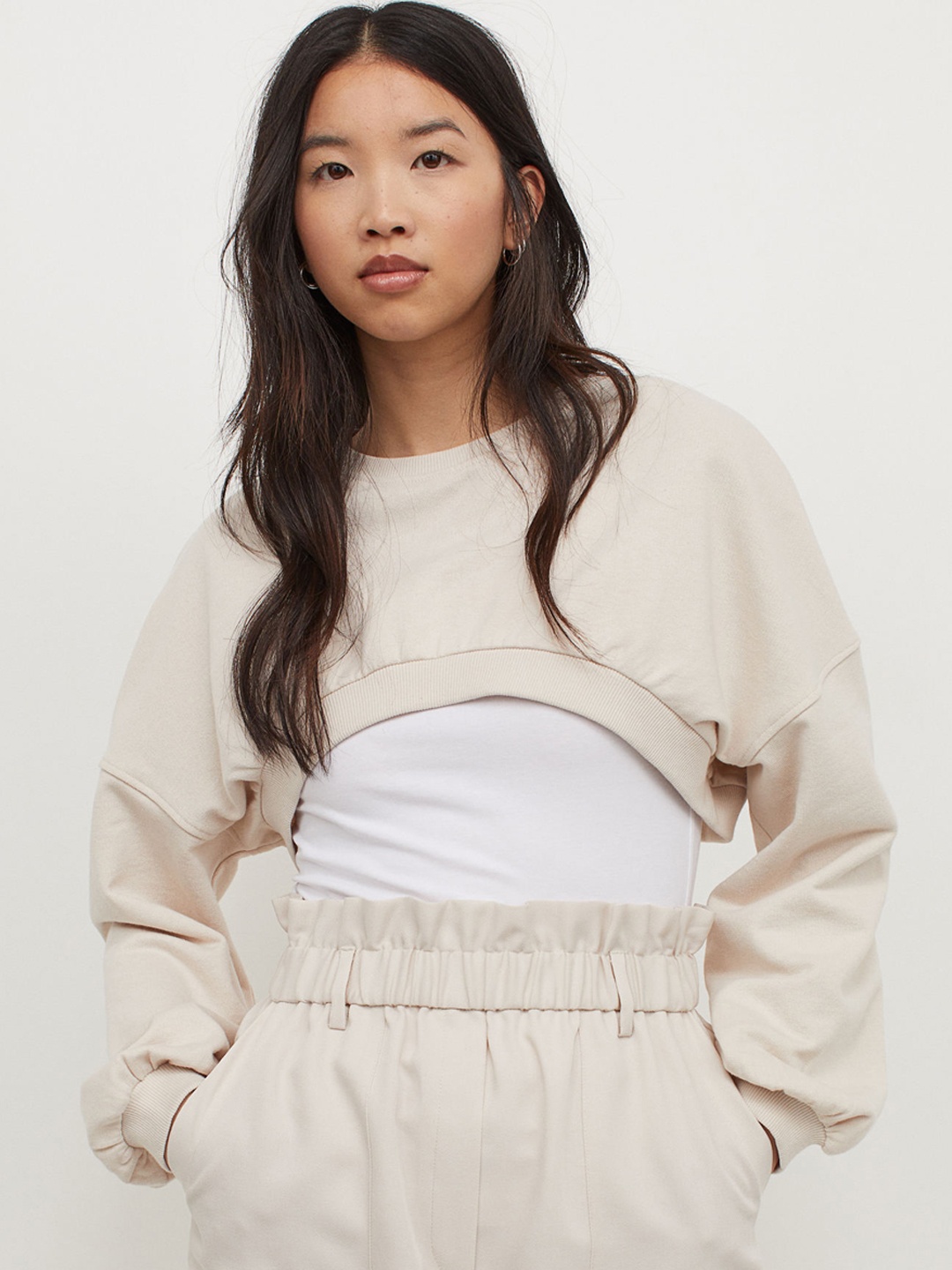 

H&M Women Beige Solid Cropped Sweatshirt