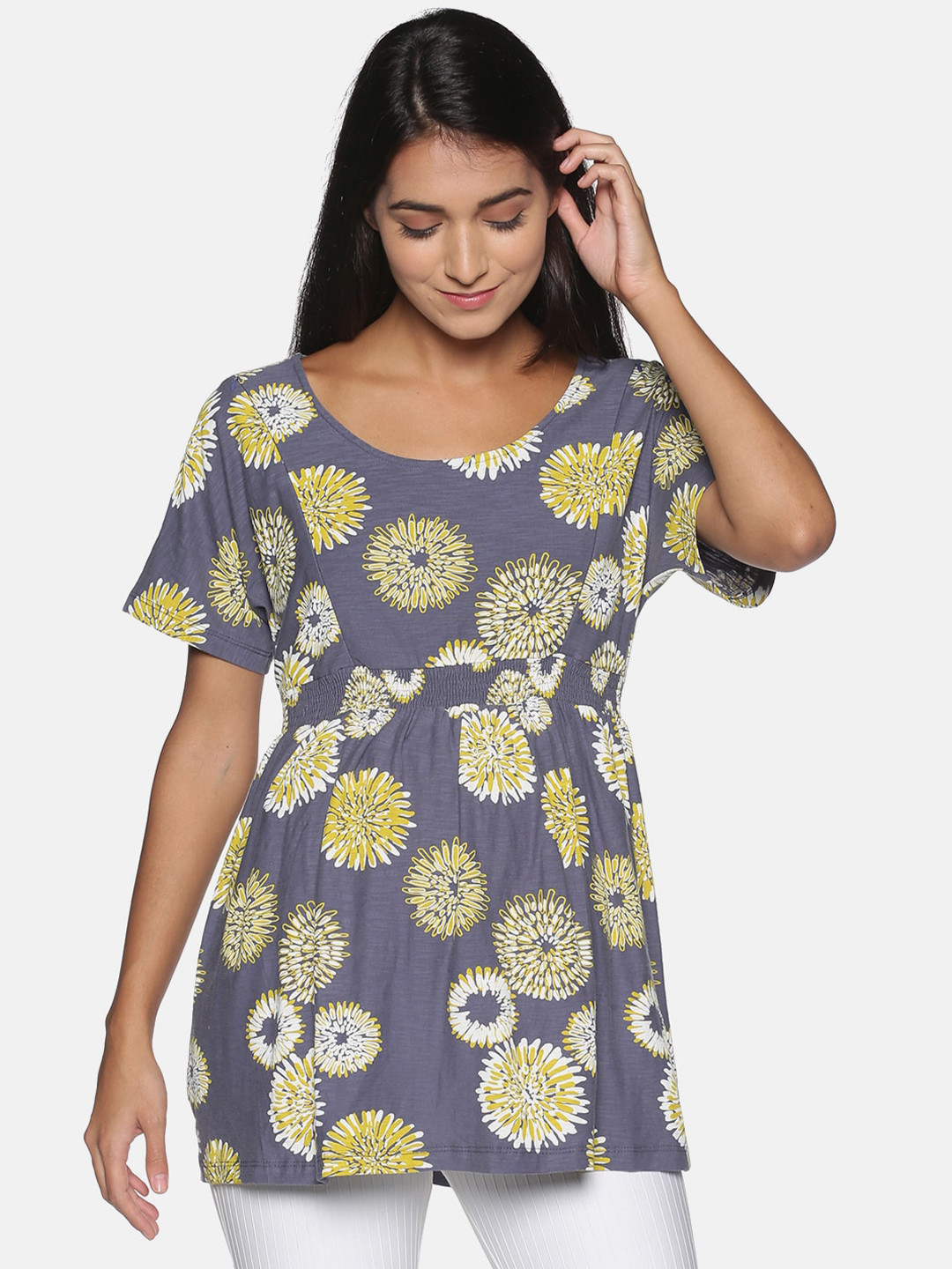 

The Mom Store Grey Floral Printed Cinched Waist Longline Maternity Top