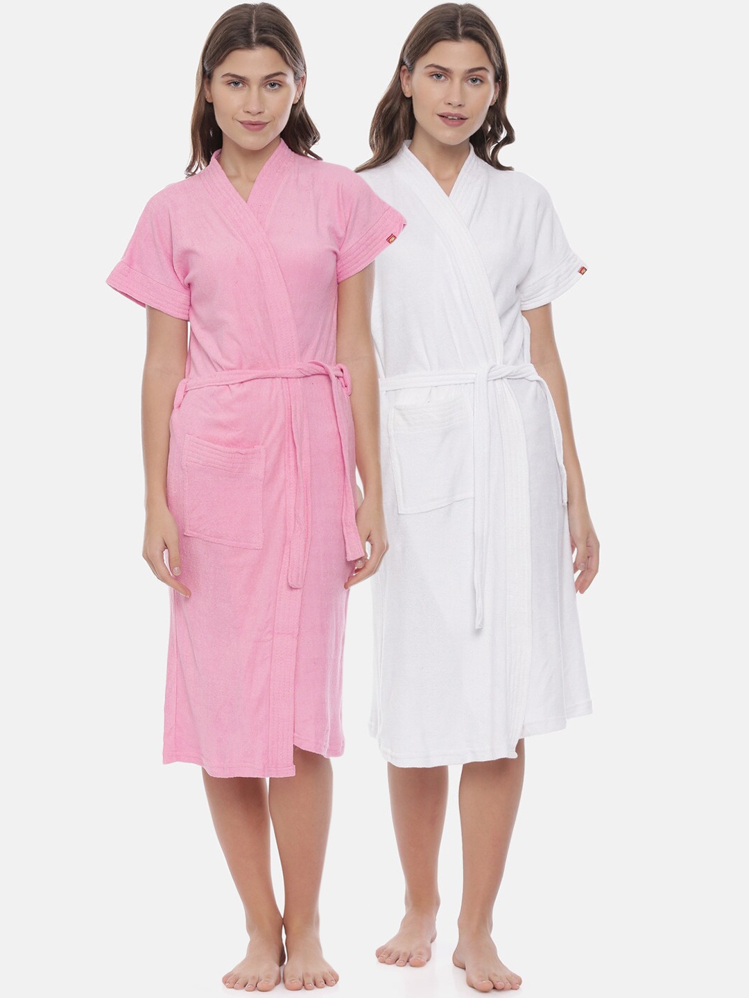 

GOLDSTROMS Women Pack Of 2 Pink & White Solid Cotton Bath Robes