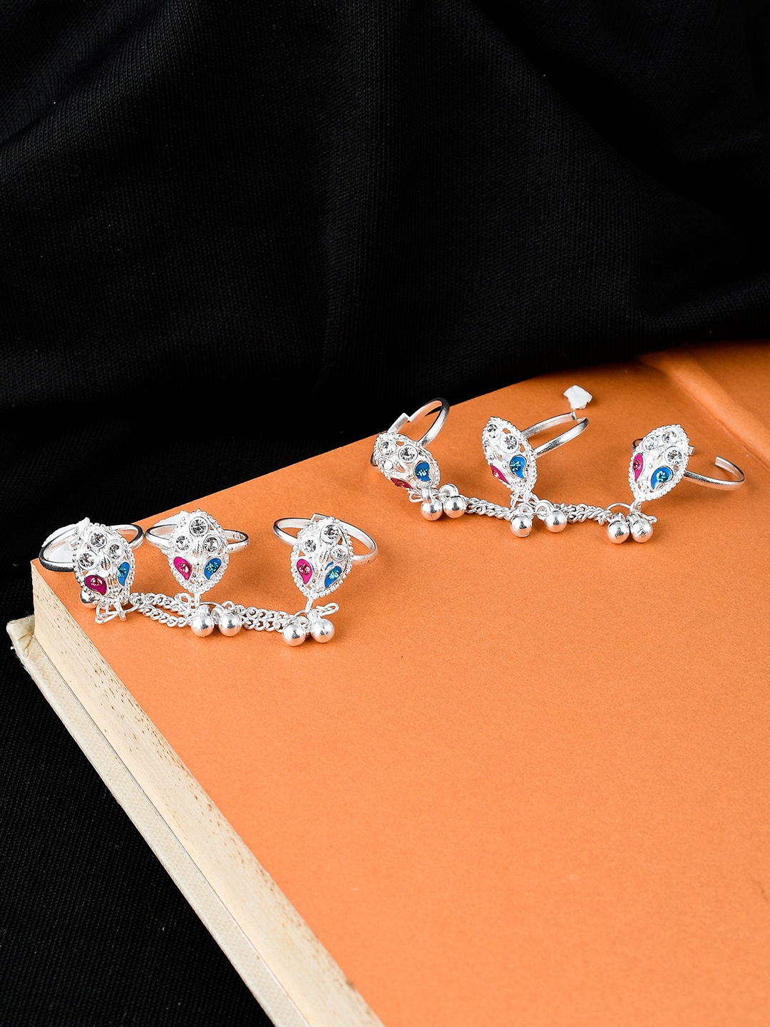 

Silvermerc Designs Set Of 2 Silver-Plated Ghungroo Meenakari Triple Chain Toe Rings
