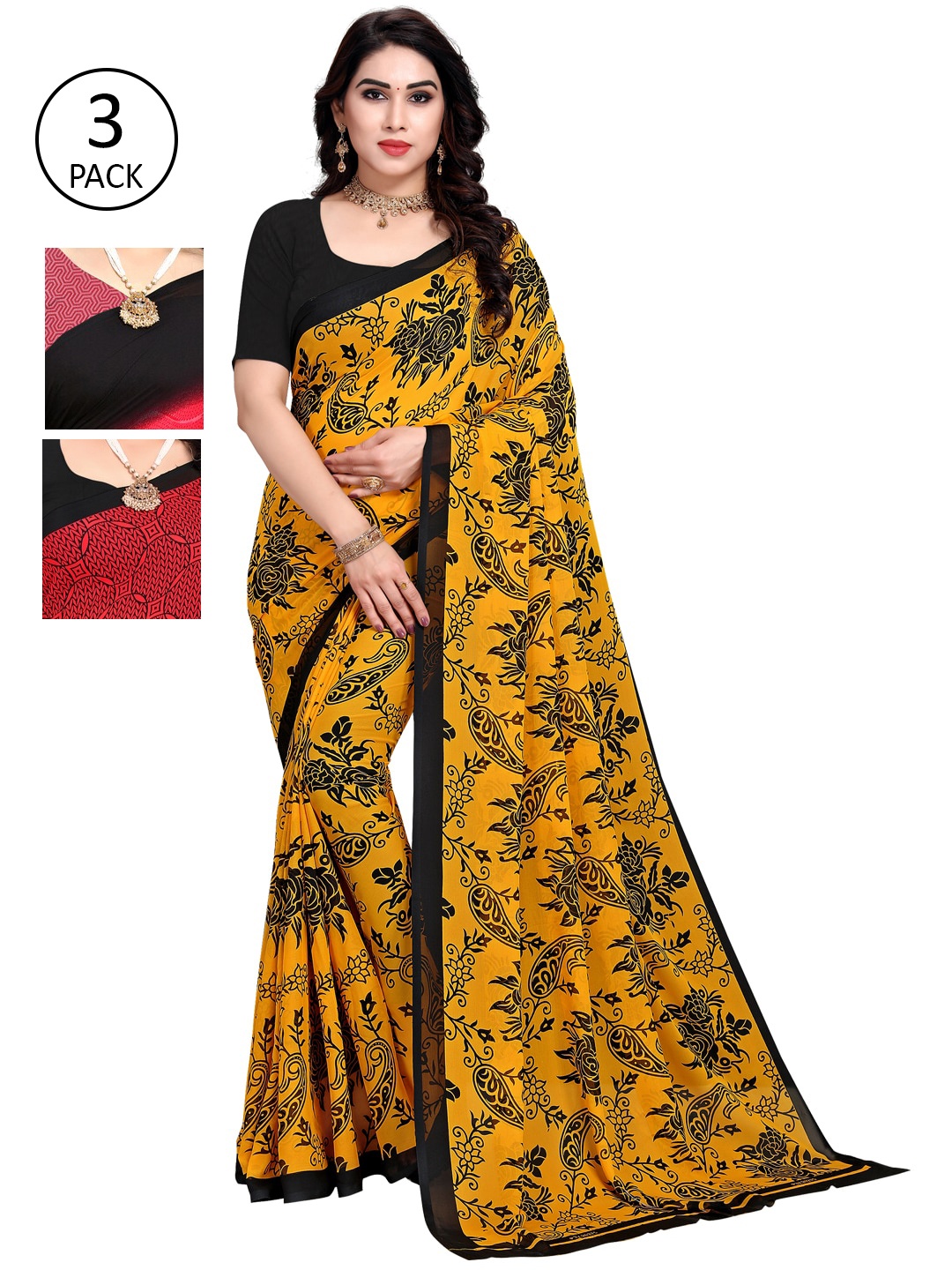 

KALINI Pack Of 3 Multicoloured Printed Sarees, Red