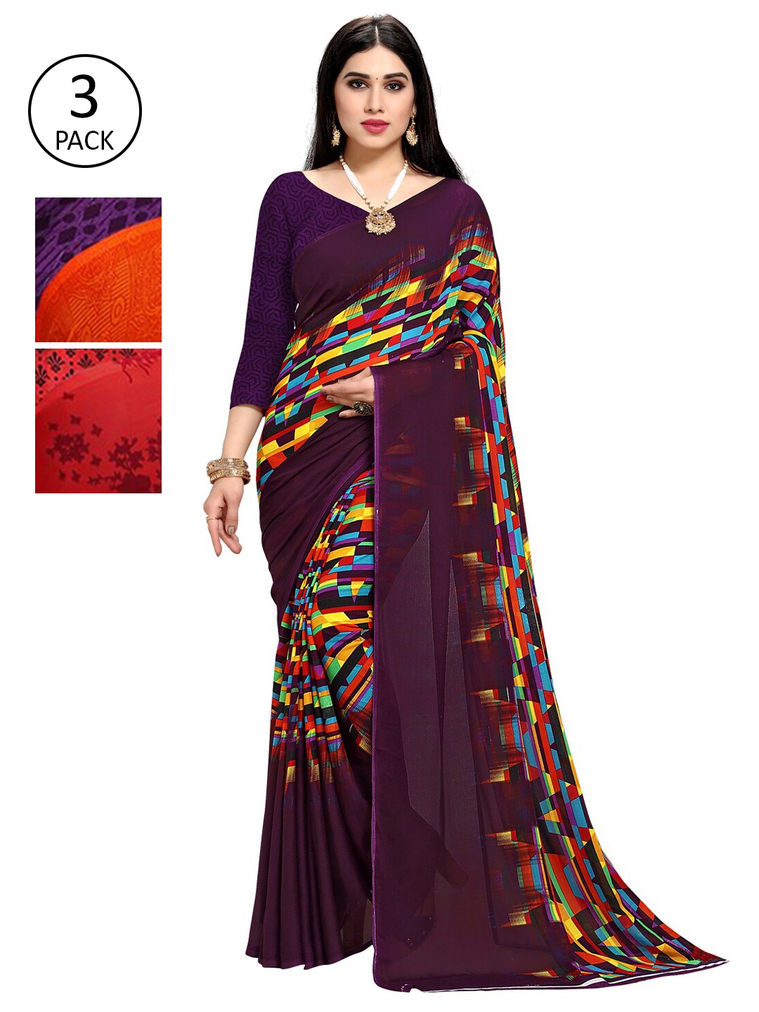 

KALINI Pack Of 3 Printed Saree, Orange