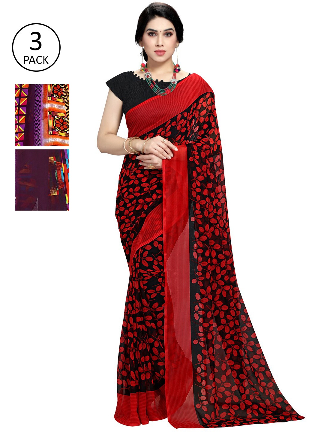 

KALINI Pack Of 3 Printed Sarees, Black