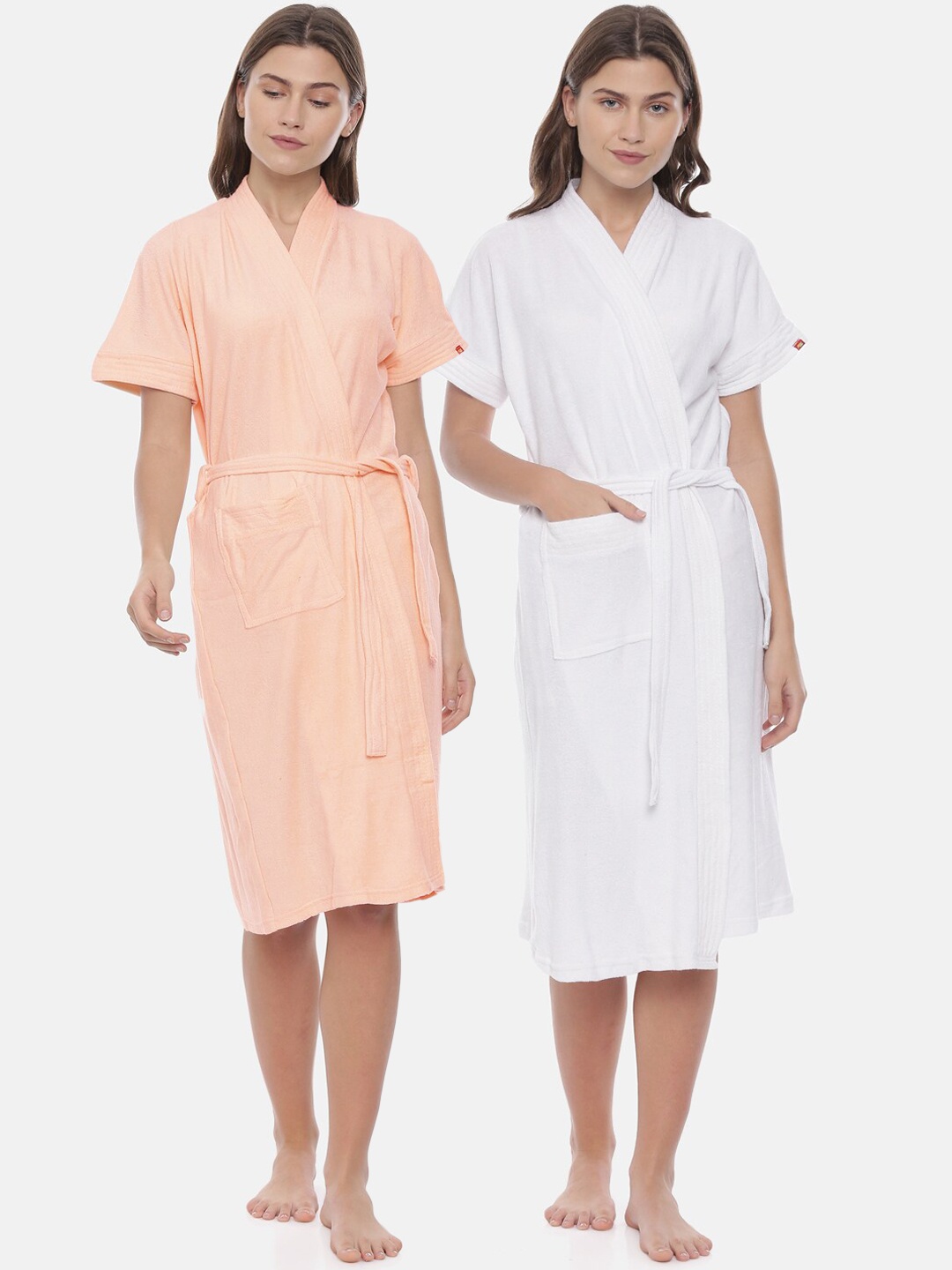 

GOLDSTROMS Women Pack Of 2 White & Peach-Coloured Solid Cotton Bath Robes