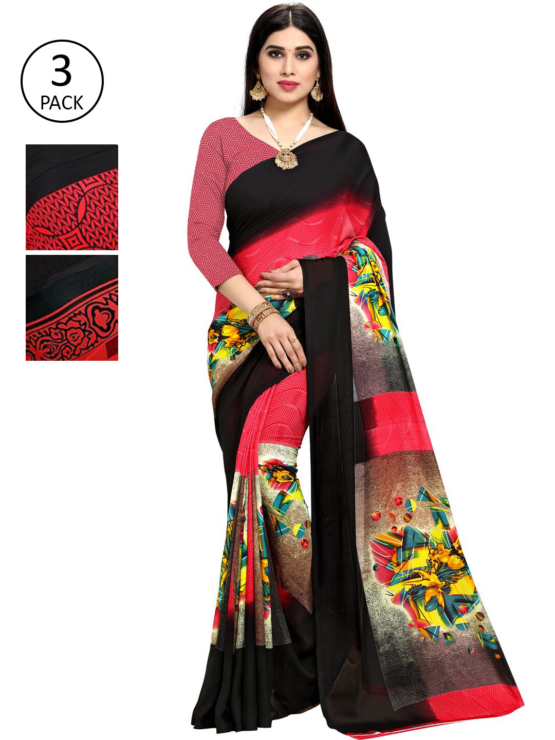 

KALINI Set of 3 Pink & Red Printed Sarees