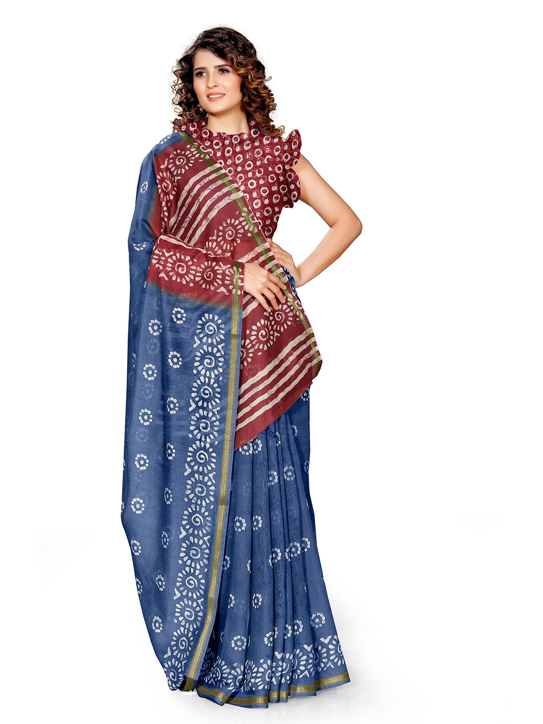 

KALINI Blue & Maroon Batik Zari Saree