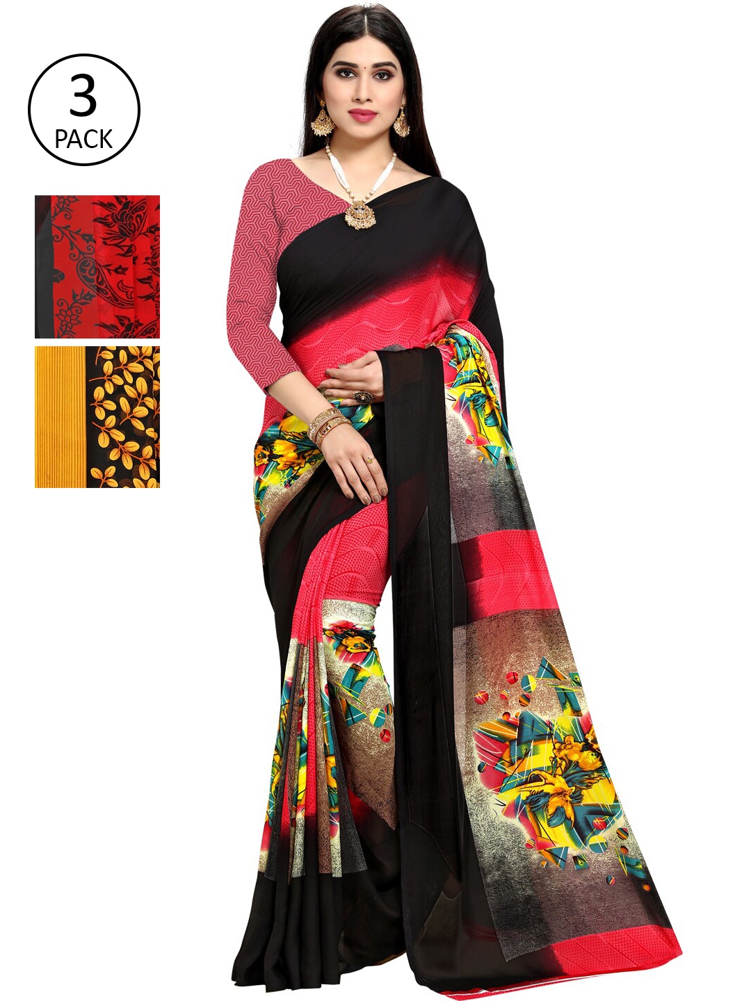 

KALINI Women Pack Of 3 Printed Saree, Red