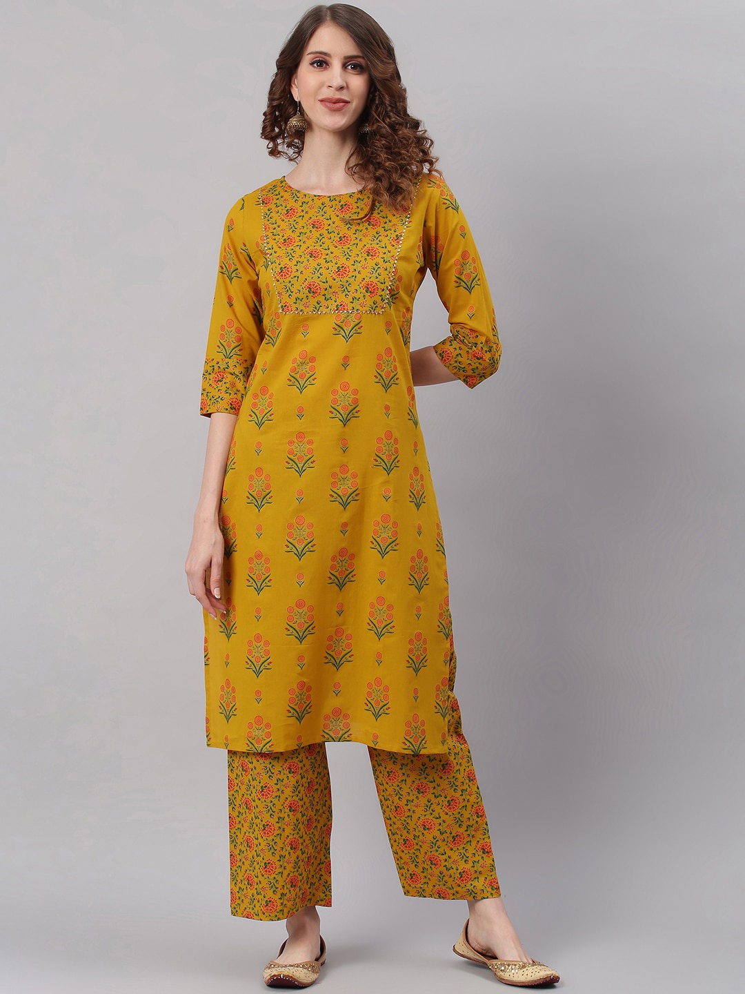 

Janasya Women Mustard Yellow Ethnic Motifs Printed Pure Cotton Kurta with Palazzos