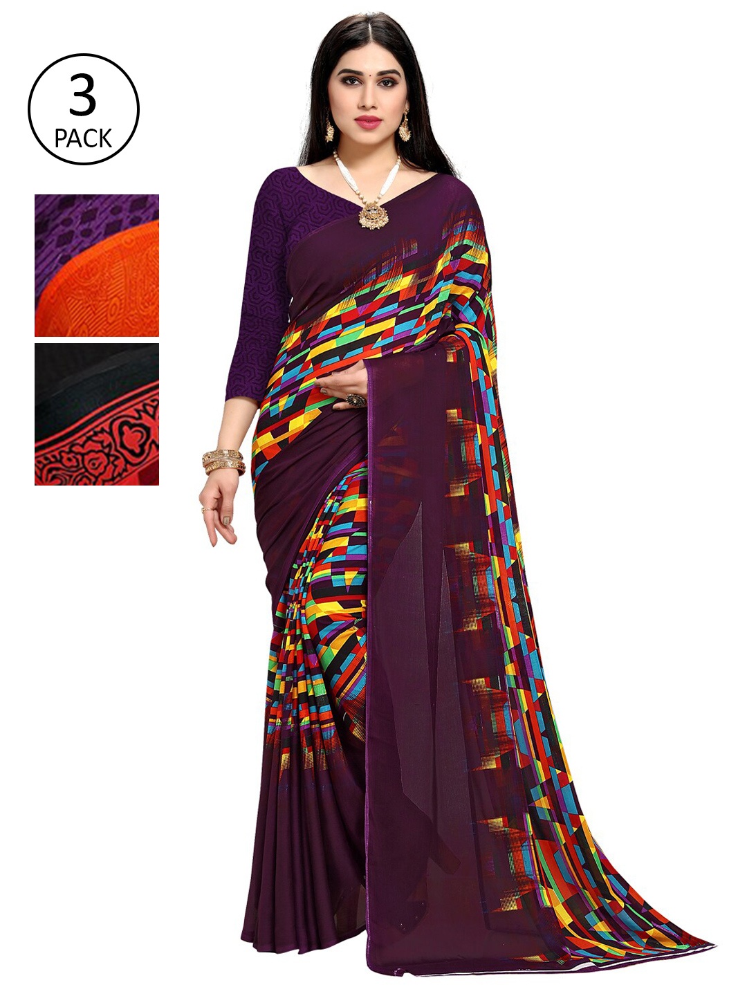 

KALINI Women Pack Of 3 Printed Saree, Orange