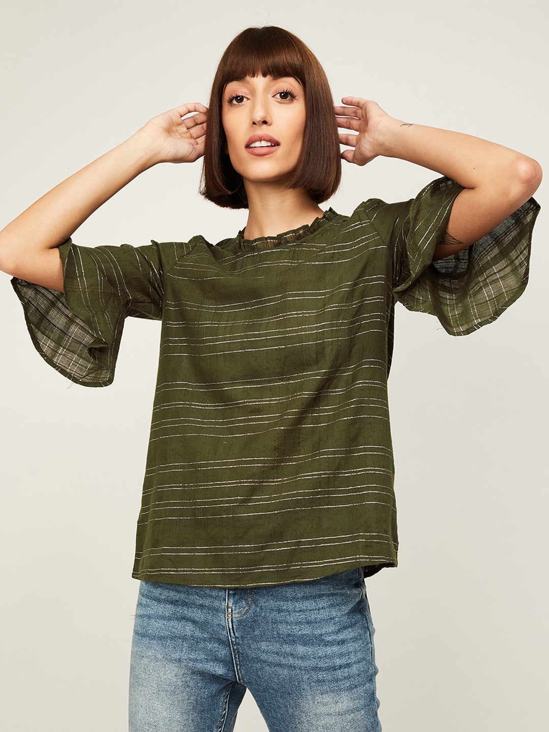 

Fame Forever by Lifestyle Olive Green Striped Bell Sleeve Regular Top