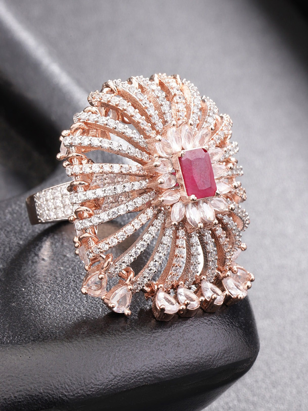 

Priyaasi Rose Gold-Plated White & Pink Ruby AD-Studded Handcrafted Adjustable Finger Ring