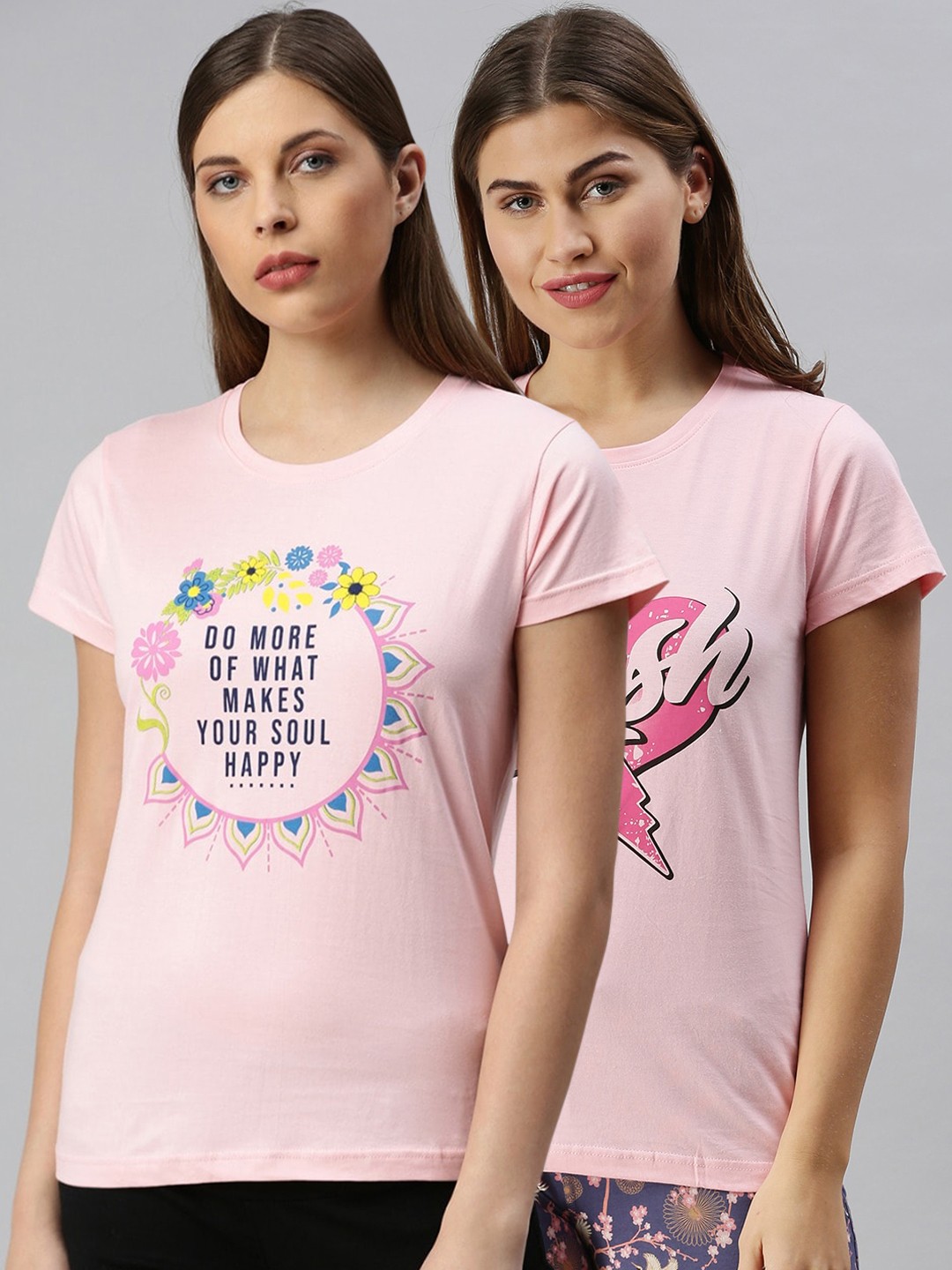 

Kryptic Women Pack Of 2 Printed Pure Cotton Lounge-T-Shirts, Pink