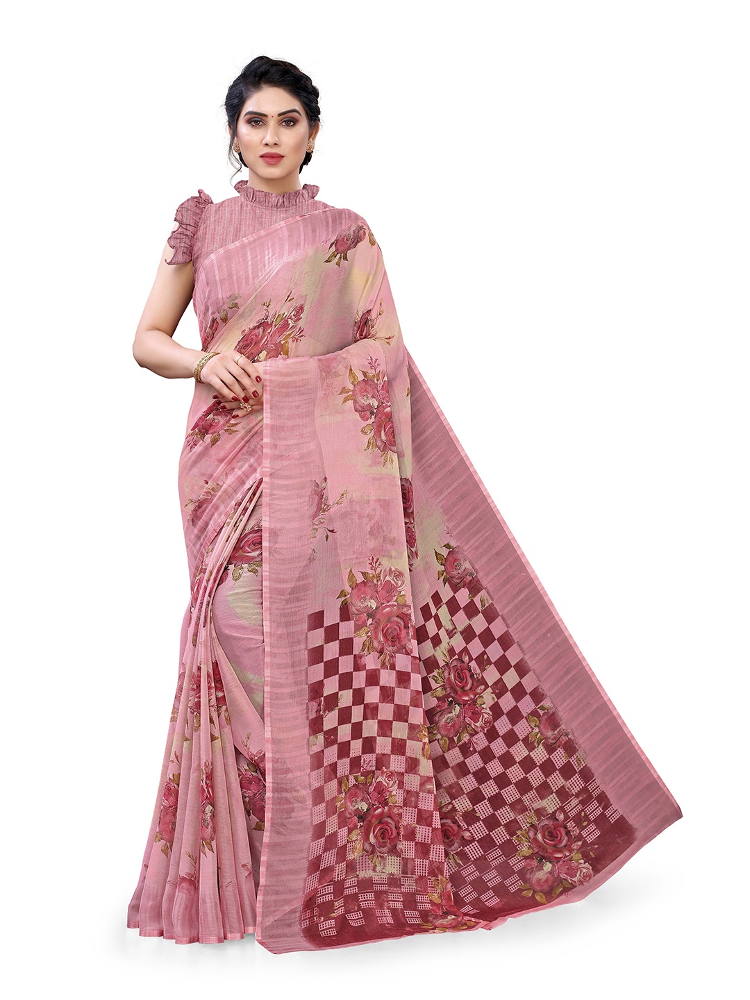 

KALINI Pink & Maroon Floral Printed Bagh Saree
