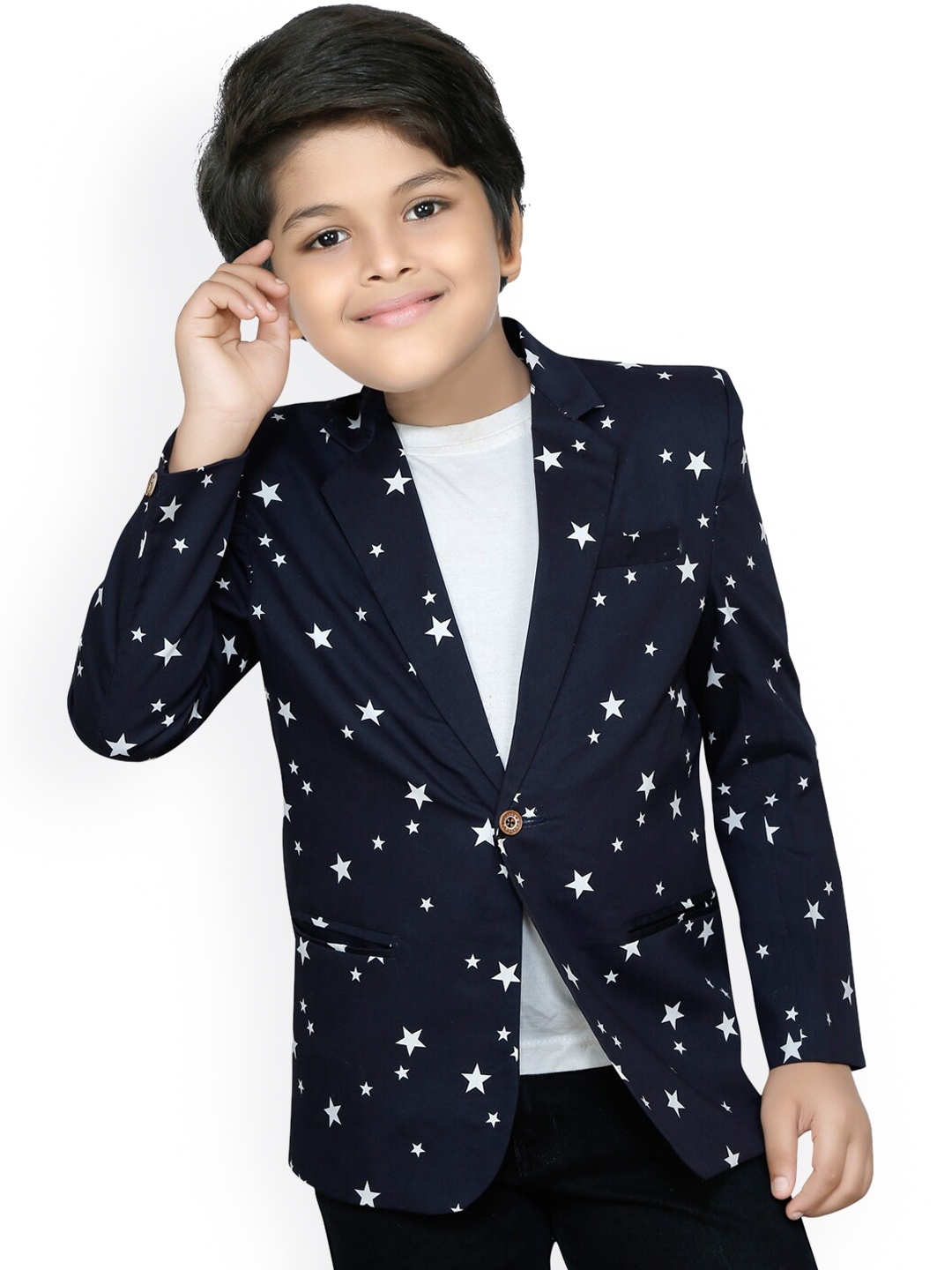 

RIKIDOOS Boys Navy Blue & White Printed Single-Breasted Comfort-Fit Casual Blazer
