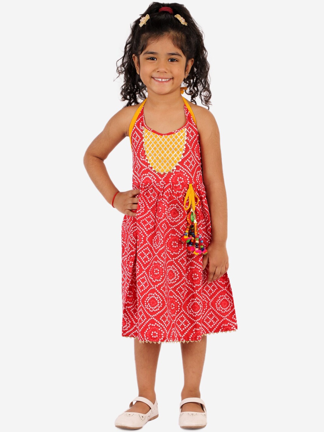 

KID1 Girls Red & White Bandhani Print Cotton Fit and Flare Dress