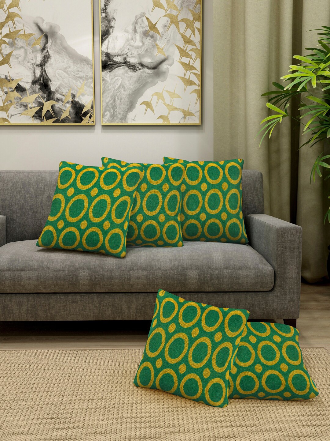 

KLOTTHE Green & Yellow Set of 5 Geometric Square Cushion Covers