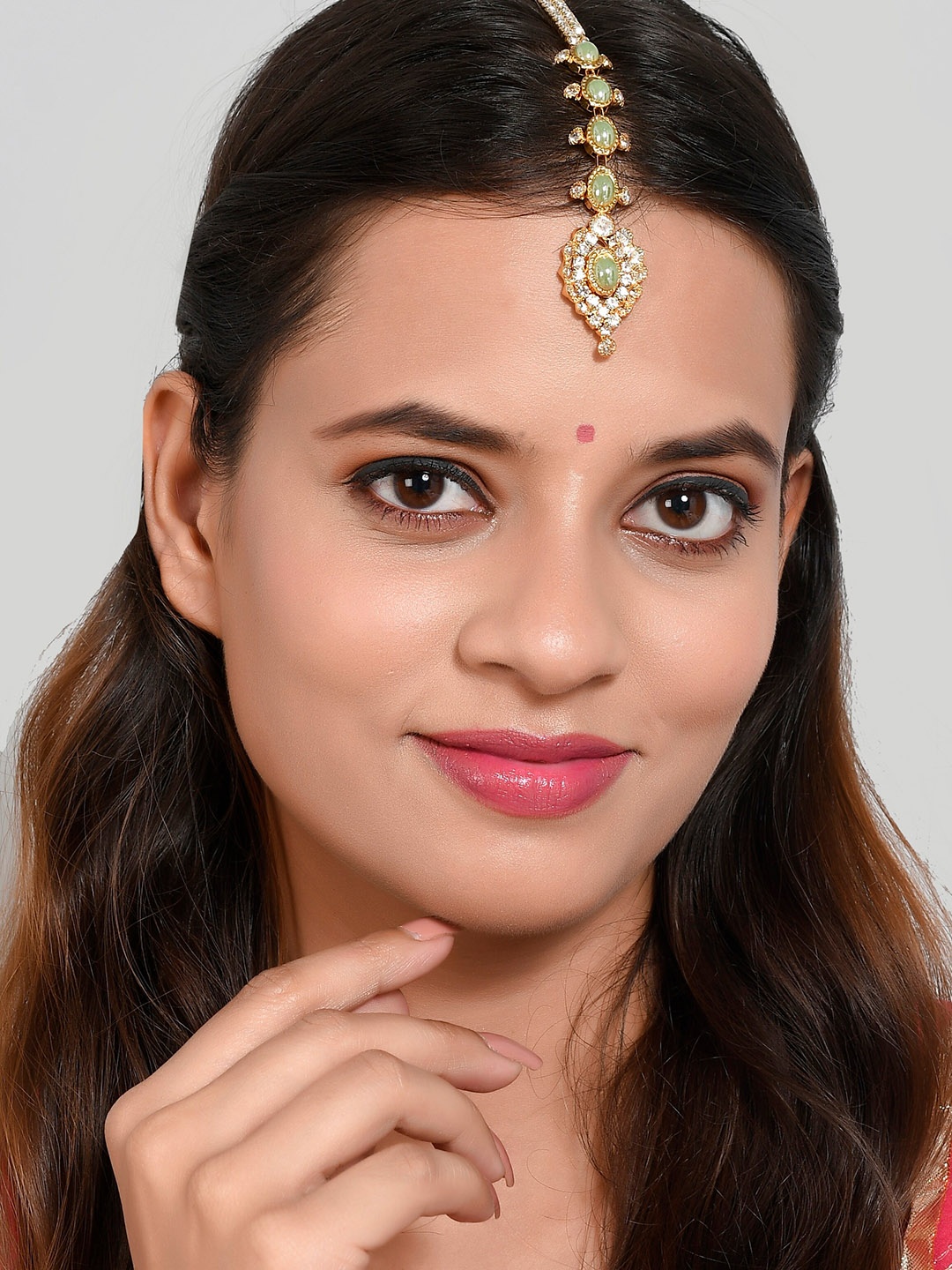 

Silvermerc Designs Gold-Plated Green & White Stone-Studded Maang tikka